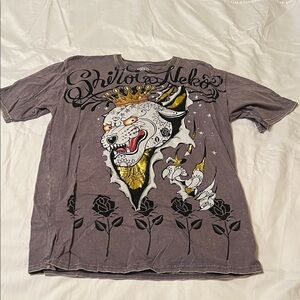 Graphic T-Shirt with Wolf and Rose Design